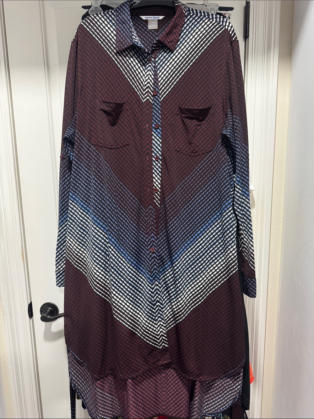 Peter Nygard Burgundy, Blue and White Chevron Shirt Dress